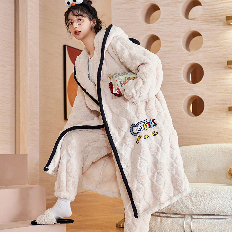法兰绒睡袍女士秋冬季珊瑚绒睡衣女加厚保暖甜美家居服套装 2229