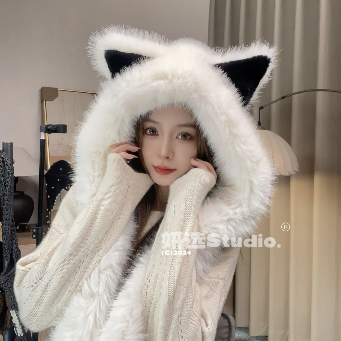 【妲己】毛绒绒加厚毛毛耳朵帽子围巾冬季百搭显脸小防风雪帽