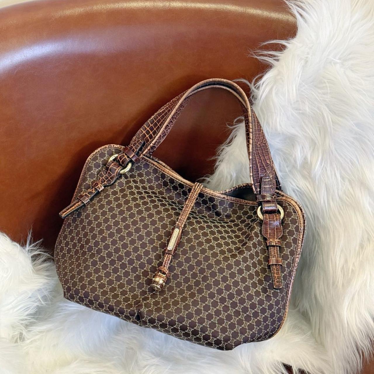 95新 Celine/思琳 大吉中古/Celine瑟琳棕老花鳄压纹手提包