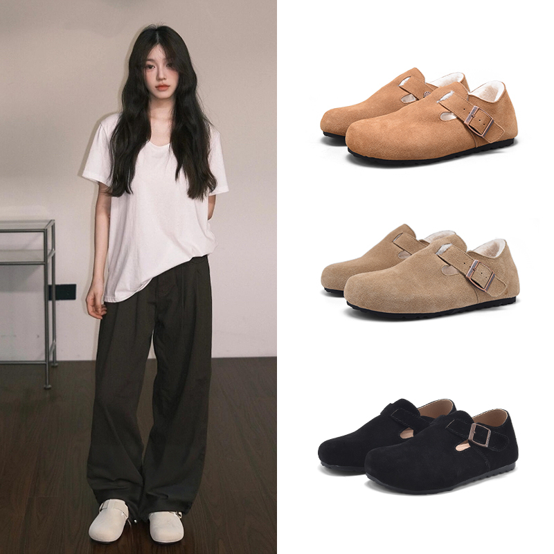 真皮毛绒勃肯鞋软木包头外穿2025冬季新款半拖鞋男女居家保暖拖鞋