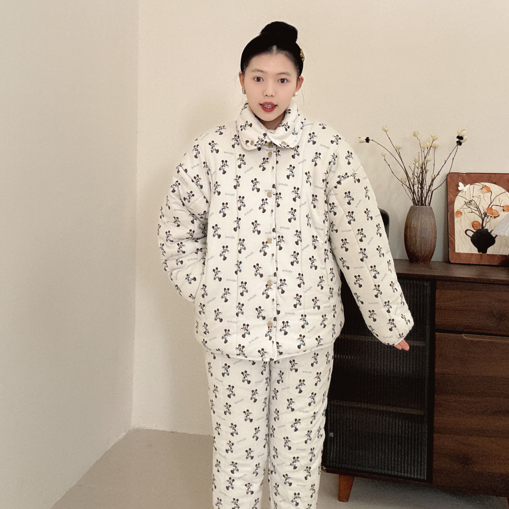 【奔跑吧米奇】300g厚立领休闲套装棉花衣宽松家居服保暖花棉衣棉服