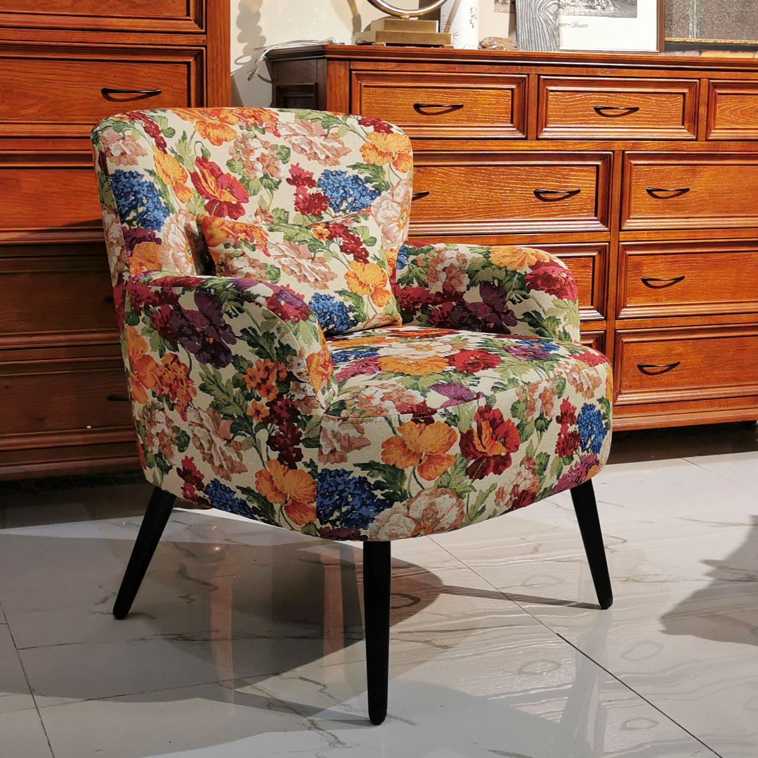 美式复古老虎椅轻奢单人沙发组合小户型可躺阳台休闲花布懒人沙发