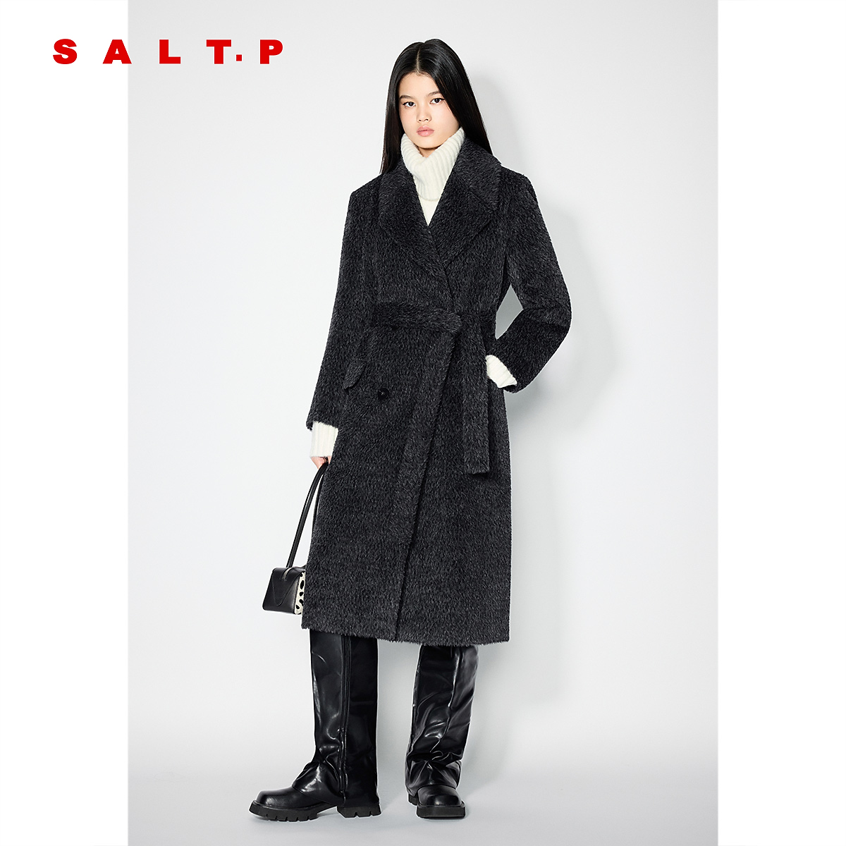 SALT.P可颜灰色羊驼毛混纺大衣2025冬季新款大衣