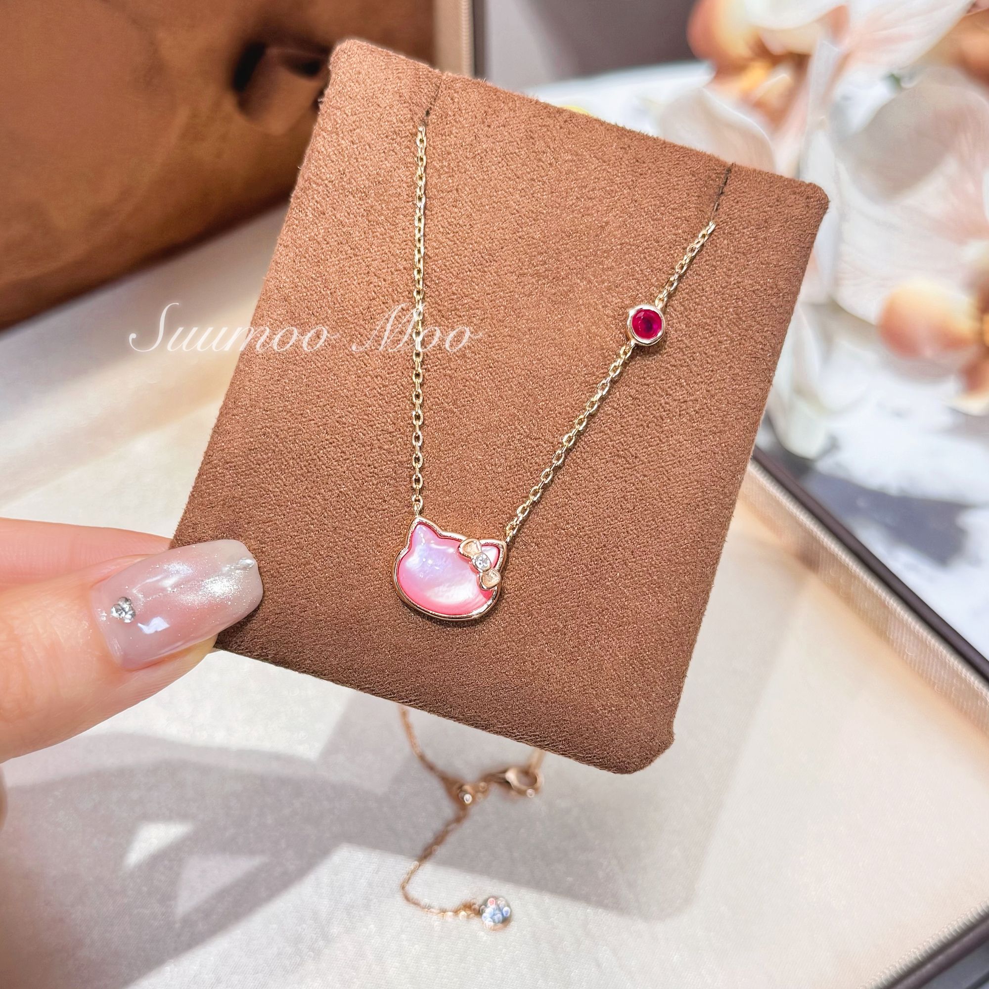 坠链均925银 时尚甜美风粉白KT猫猫项链 925通体银项链