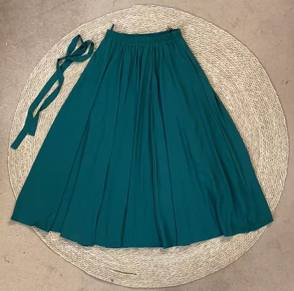 风华珏（两侧口袋）松石绿秋季A字褶皱中长款松紧腰垂感半身裙 纯色