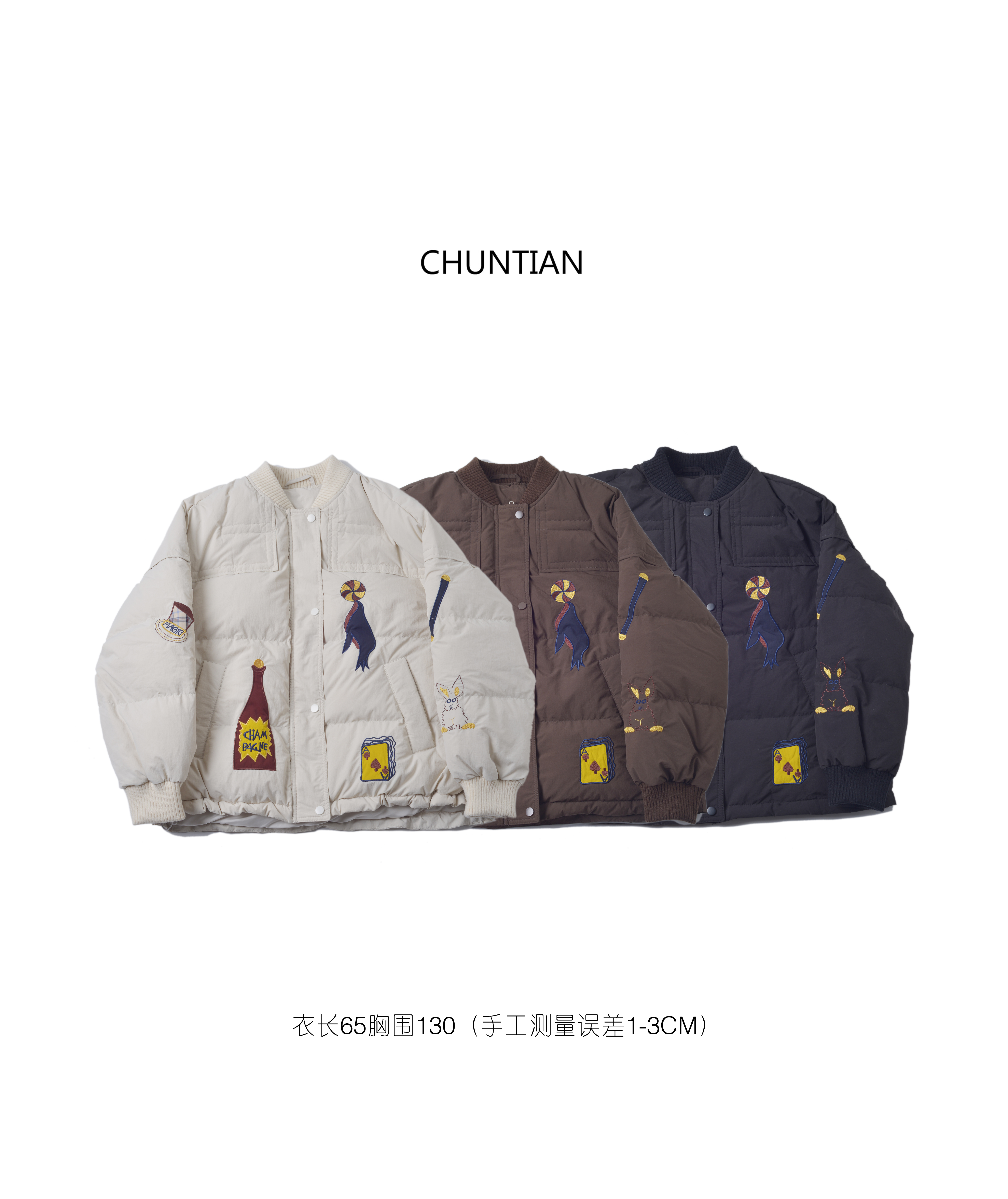 CHUNTIAN 重工刺绣贴布棒球领羽绒服