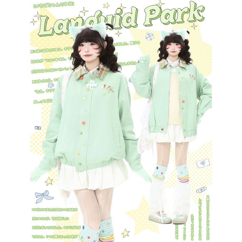 蓝鬼公园Languid Park绿色星星刺绣Polo领外套女秋季夹克宽松上衣