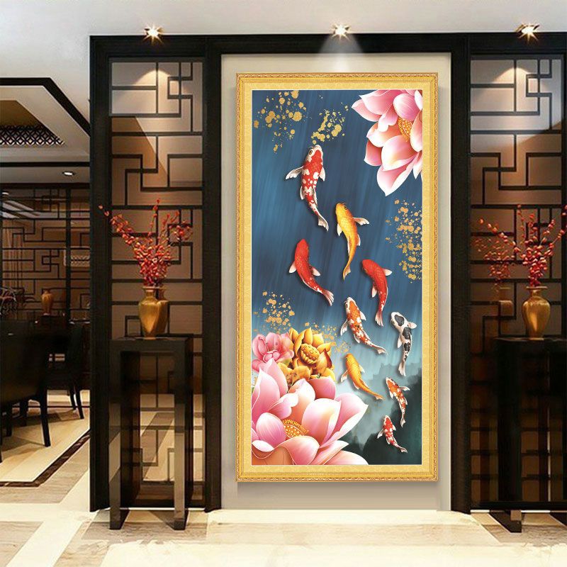 竖版荷花九鱼十字绣新款线绣满绣客厅竖玄关莲花中国风