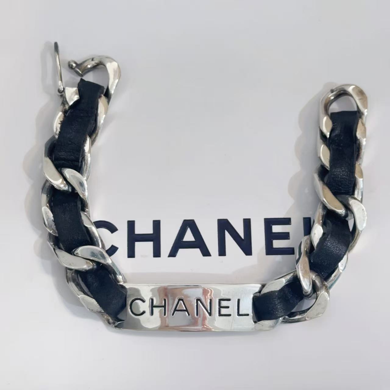 95新 Chanel/香奈儿 Chanel vintage香奈儿中古银色皮穿手链