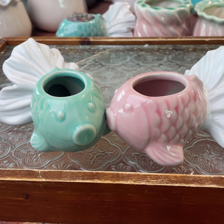 陶瓷鱼一对半手工花盆浮力炸啦