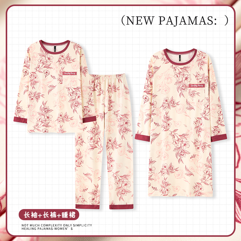长袖睡衣睡裙女士秋冬套头长裤发财红套装外穿家居服三件套EL017