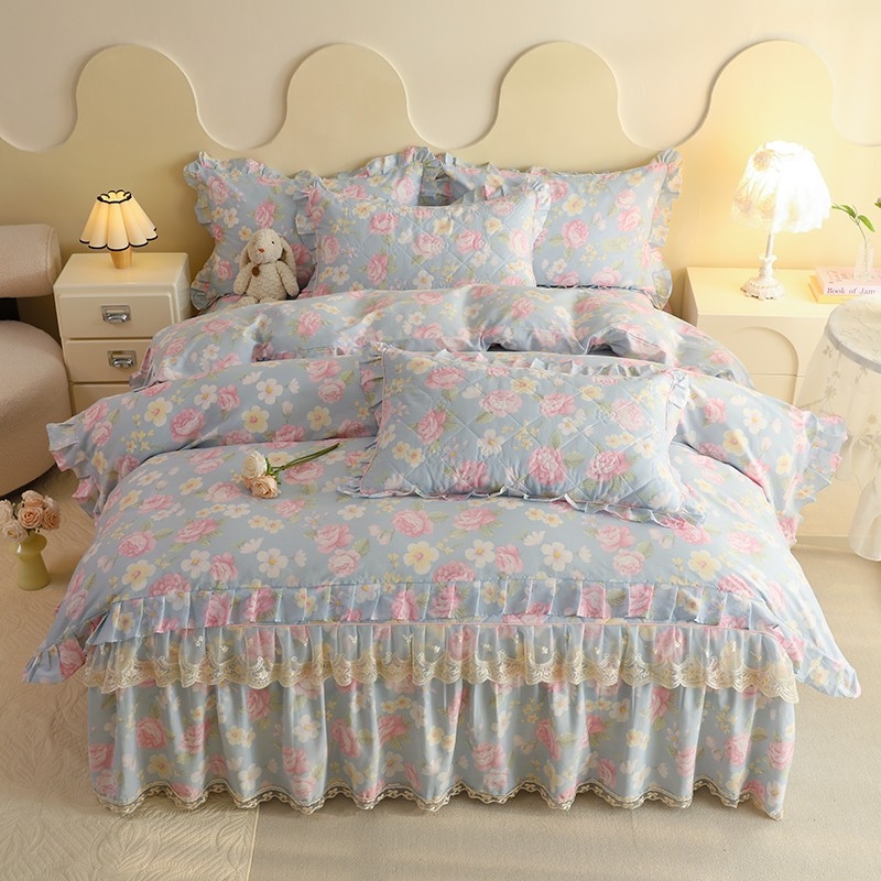 全棉印花半夹棉床裙四件套 韩版夹棉绗缝床裙不滑床小清新