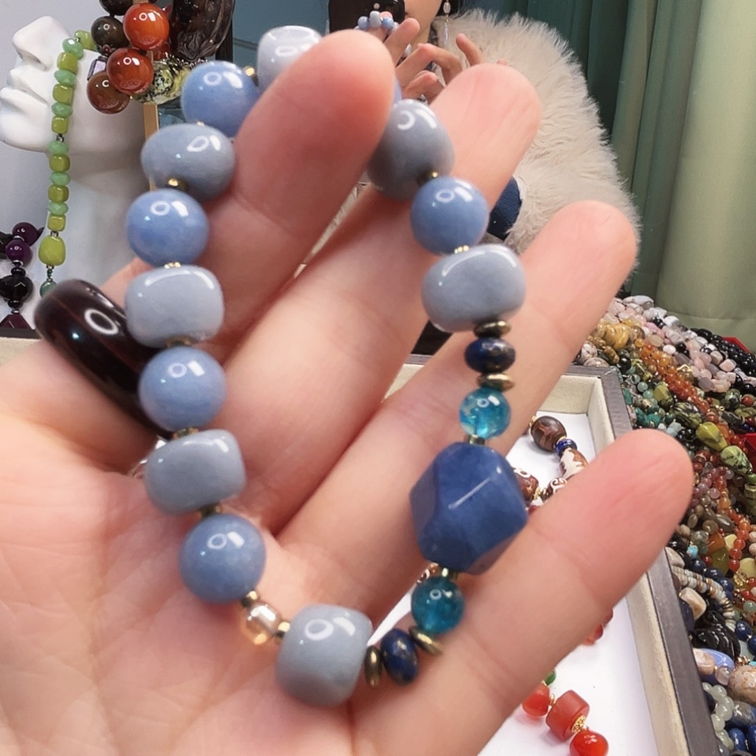 木****玛瑙/玉髓合金手链蓝纹