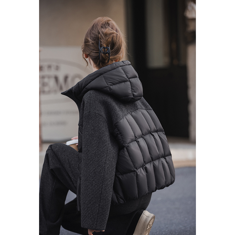 小谷粒 双重奏羽绒服毛呢+90白鸭绒 宽松连帽 显瘦保暖
