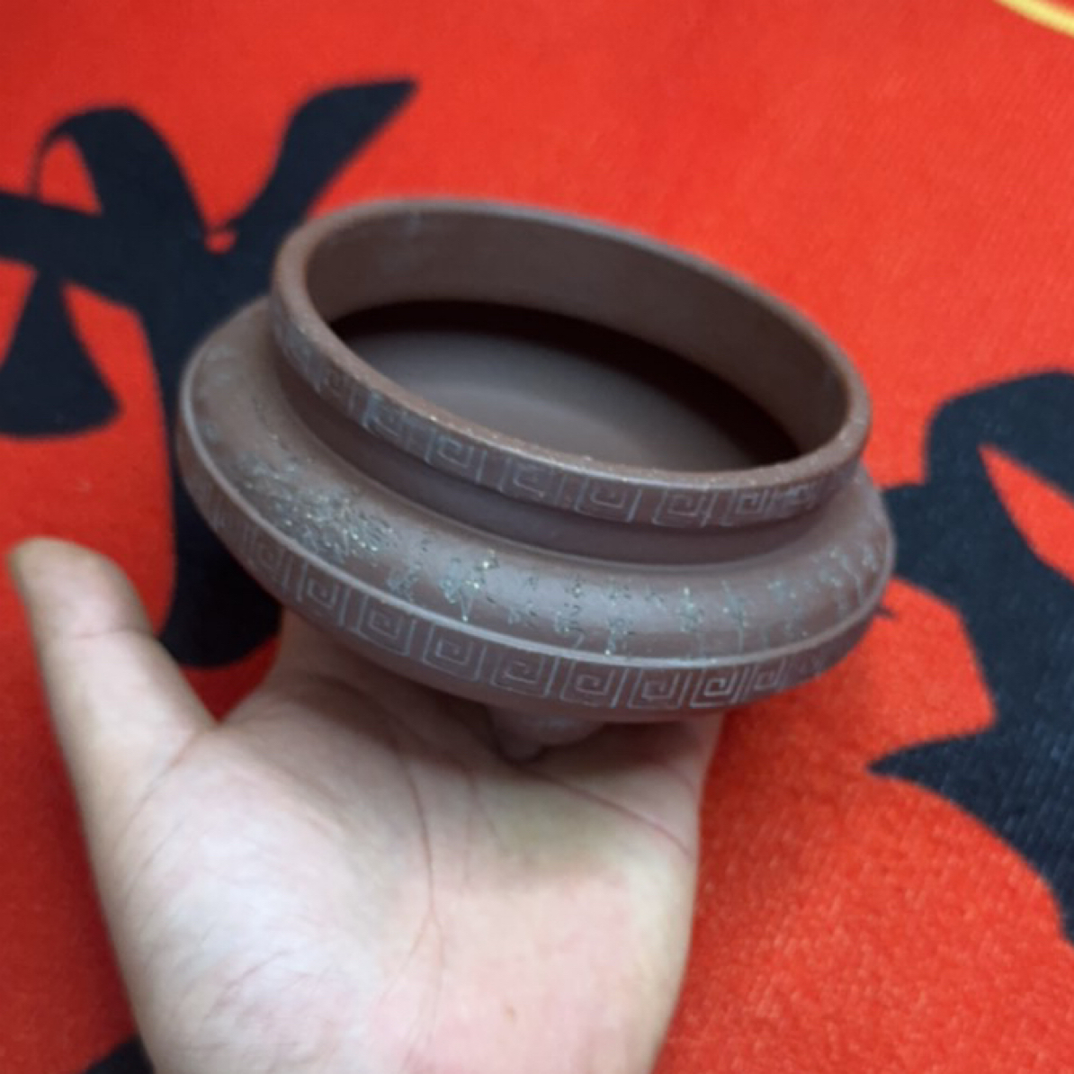 紫砂花盆香炉手工盆景盆名家盆回纹口古典国风仿古收口三足鼎9x4