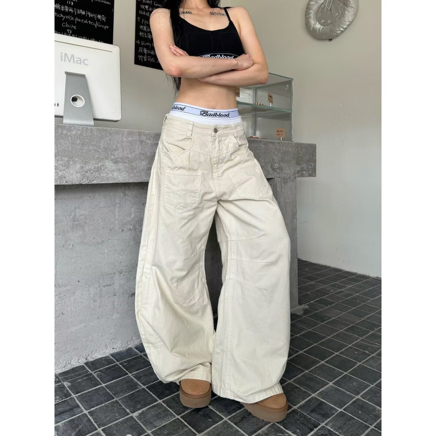 国潮美式褶皱多口袋阔腿弯刀裤男女潮牌宽松休闲百搭休闲长裤子