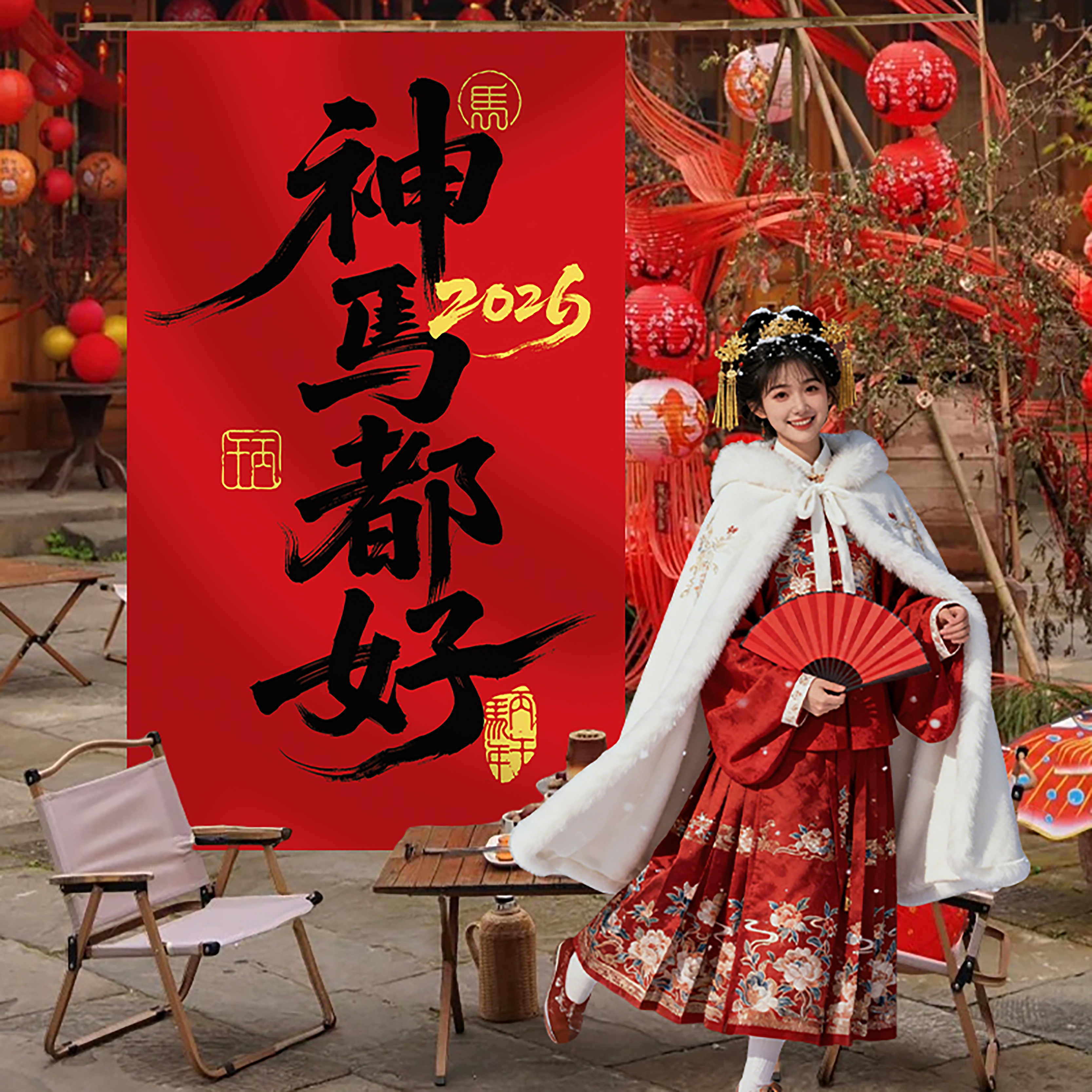 商场店铺橱窗背景墙布置氛围感拍照道具2026马年新年装饰挂布条幅