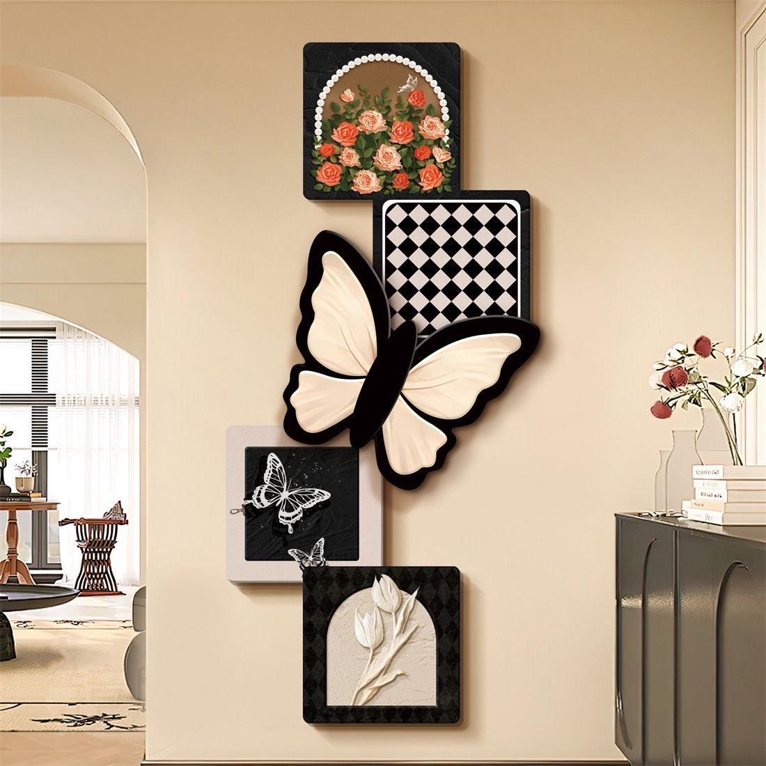 D301法式古风玄关装饰画玫瑰蝴蝶背景客厅挂画高级复古挂画捡漏1