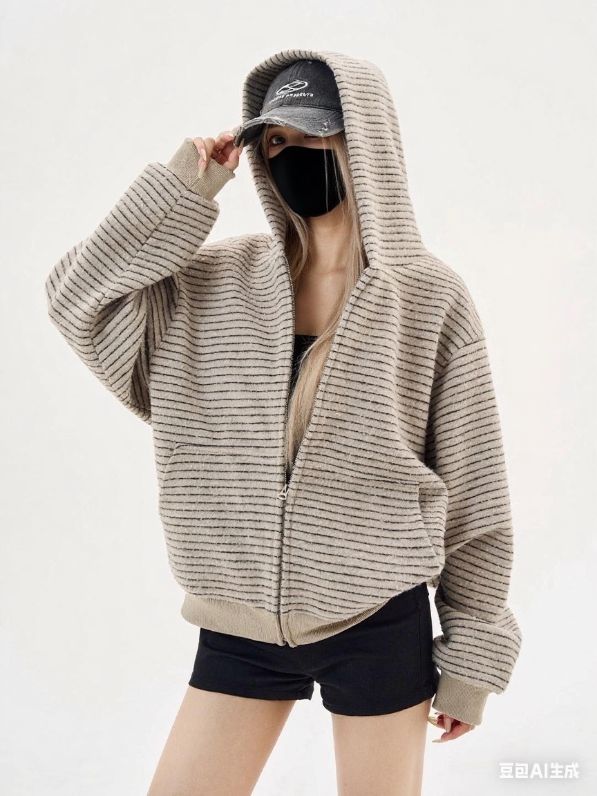 【运补6米】早秋男女同款条纹连帽拉链外套小众宽松美式开衫卫衣潮