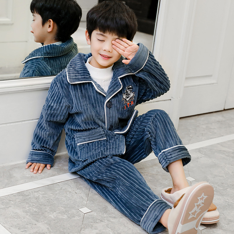 秋冬季加厚男童女童睡衣男孩小孩子时尚保暖长袖家居服套装加绒厚