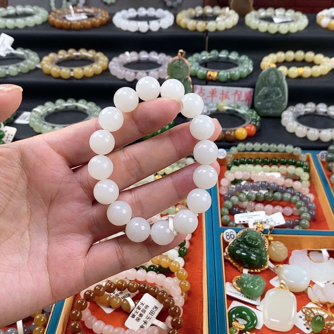 和田玉手链 12MM未镶嵌白玉