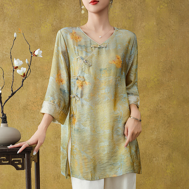 25年夏季重磅定制中长款提花工艺新中式上衣中国风宽松Q