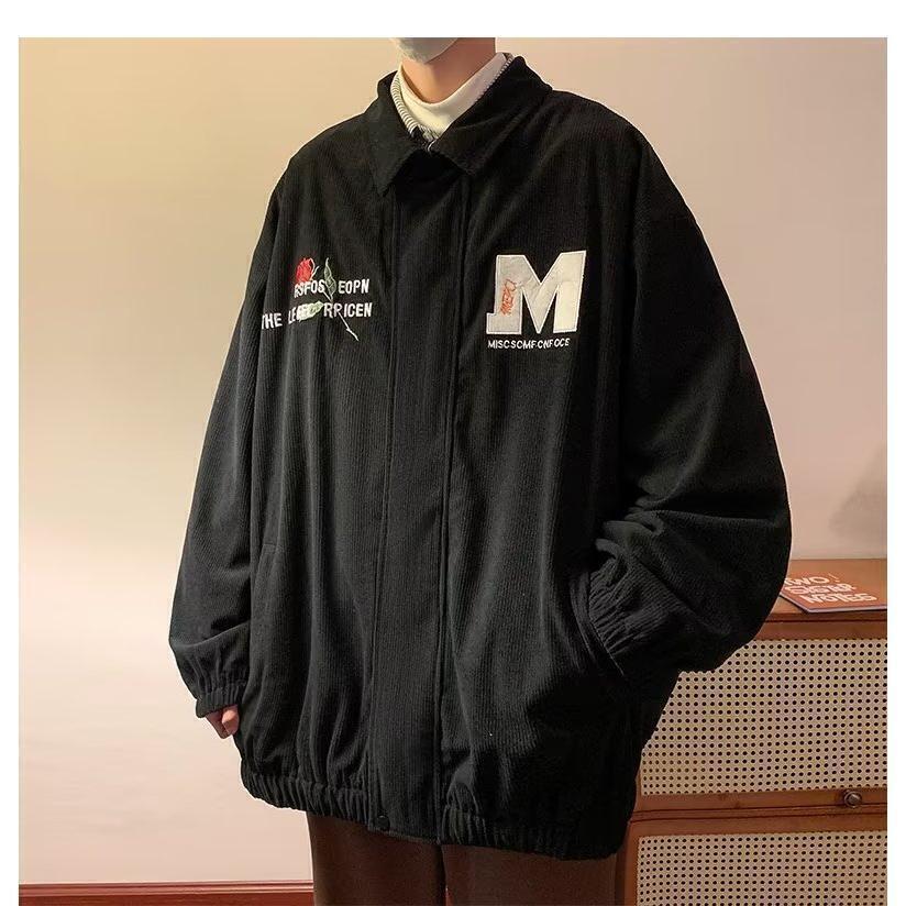 8722春秋季字母刺绣灯芯绒外套男女休闲宽松百搭潮牌夹克衫潮