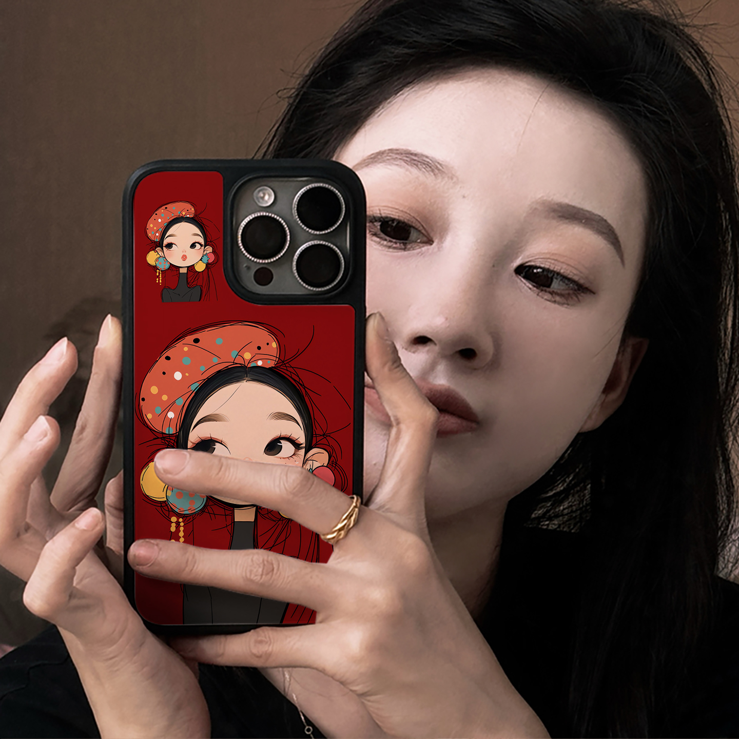 红色帽子女孩适用苹果17promax手机壳iphone16新款15卡通风13磁吸