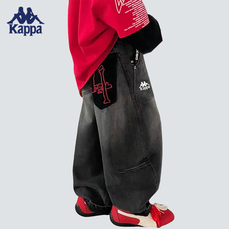 Kappa Kids卡帕秋季休闲百搭直筒刺绣直筒牛仔裤