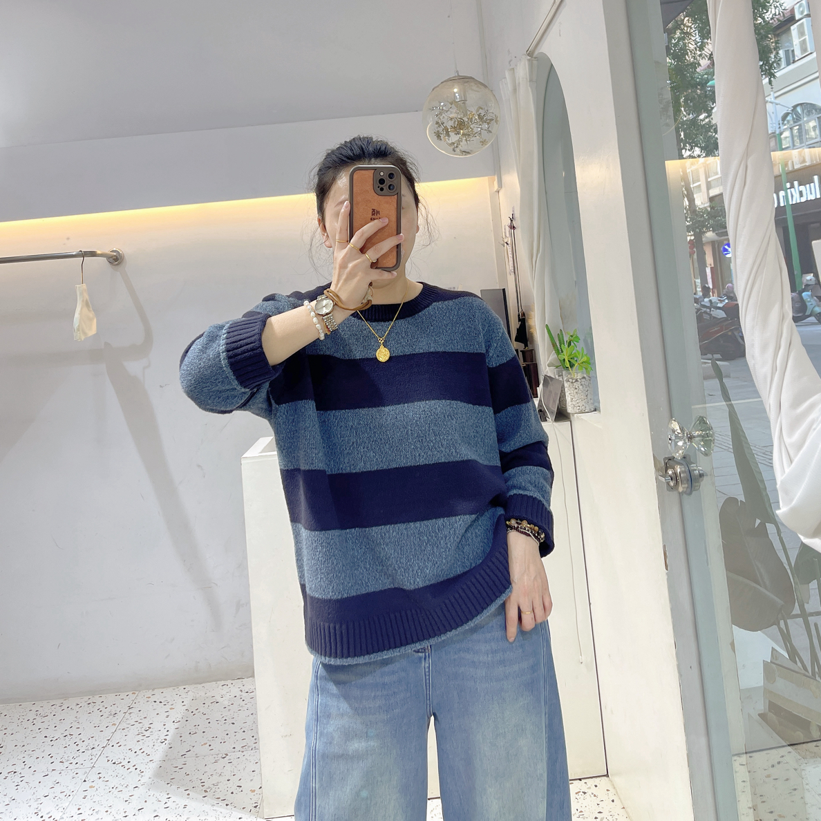 条纹山羊绒针织衫慵懒风拼色加厚显瘦67381
