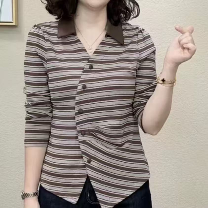 2025新款时尚小衫拼色条纹长袖保暖显瘦打底衫-1051