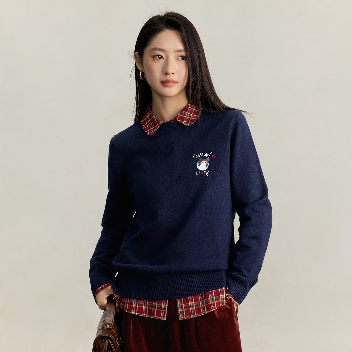 茵曼学院风萌宠刺绣套头针织衫女2025秋冬款简约百搭休闲圆领毛衣