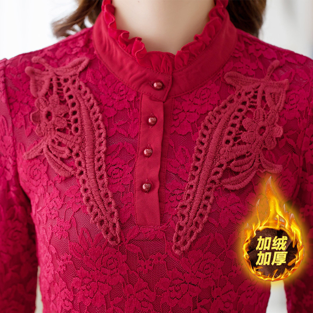 加绒加厚秋冬新款打底衫女时尚蕾丝衫内搭大码修身显瘦上衣衬衫