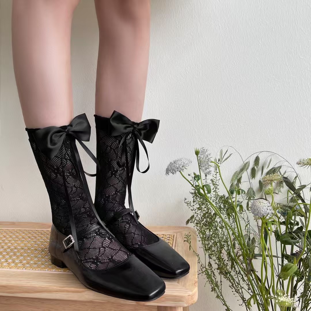 春夏新品设计师款缎面蝴蝶结镂空蕾丝女袜（无脚后跟）