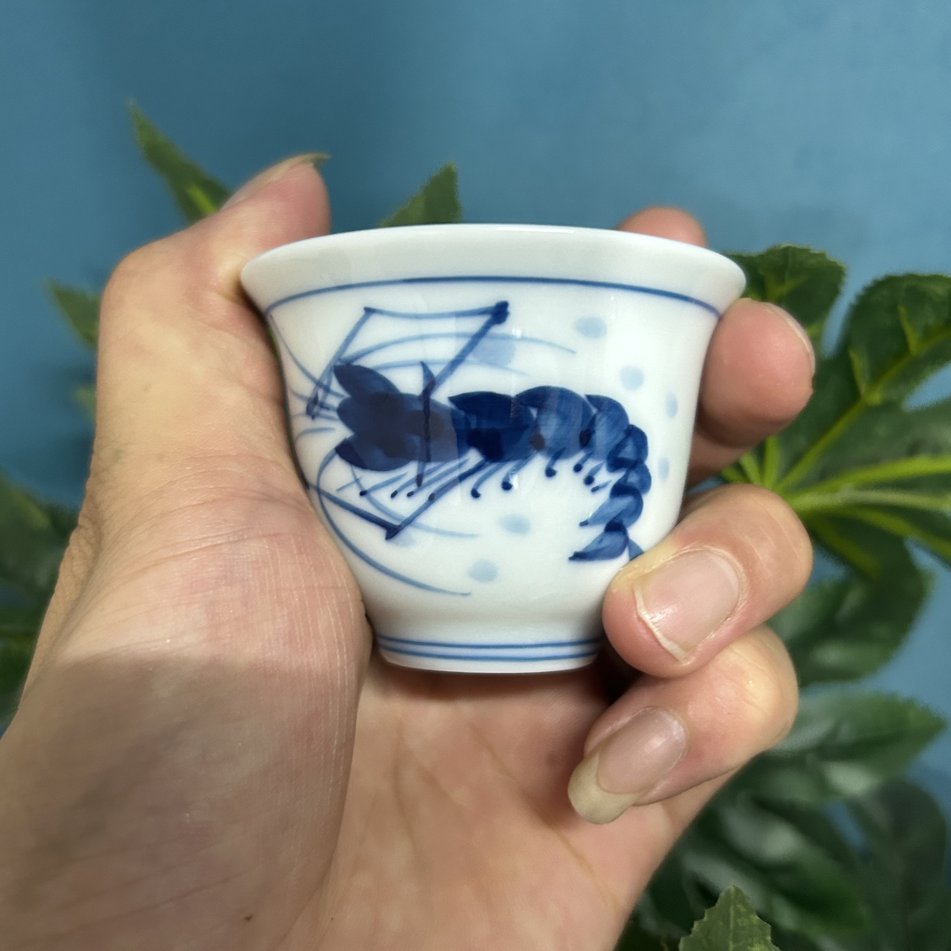 景德镇青花釉下彩虾趣主人杯手工