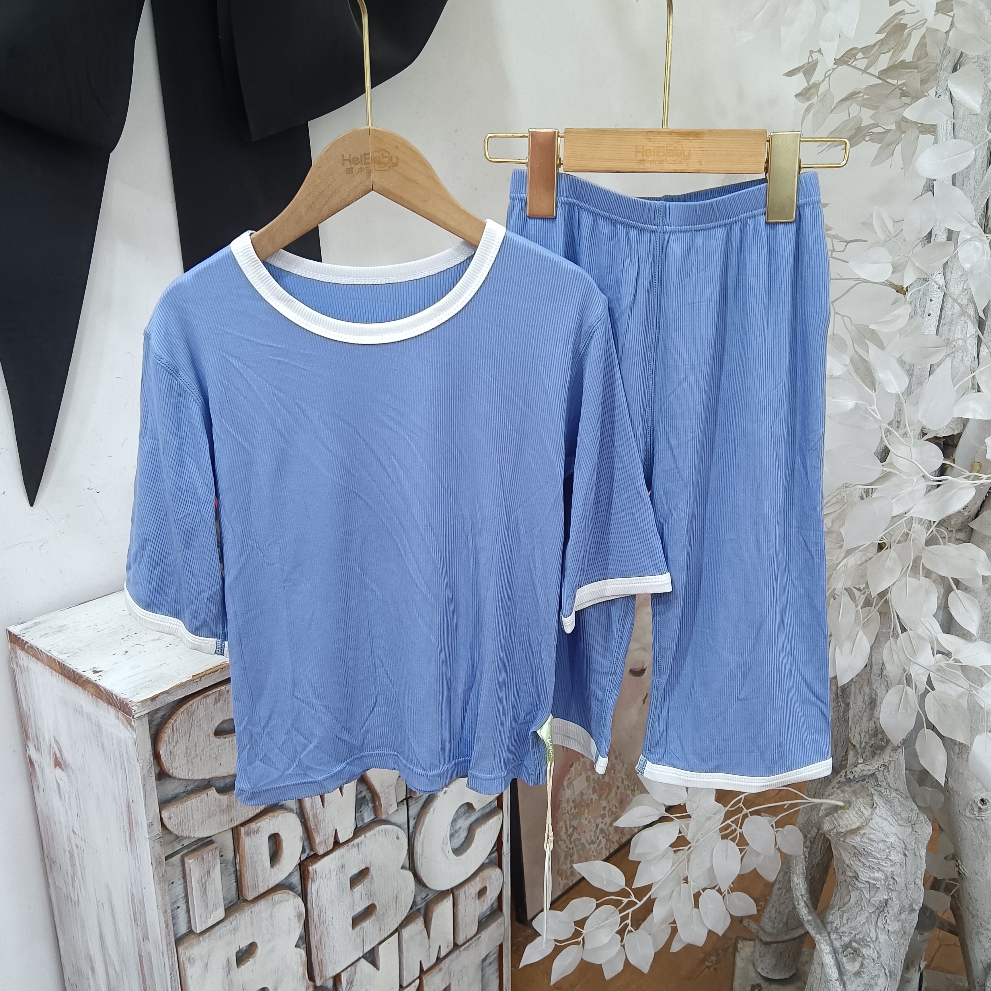 E201蓝色七分袖七分裤家居服