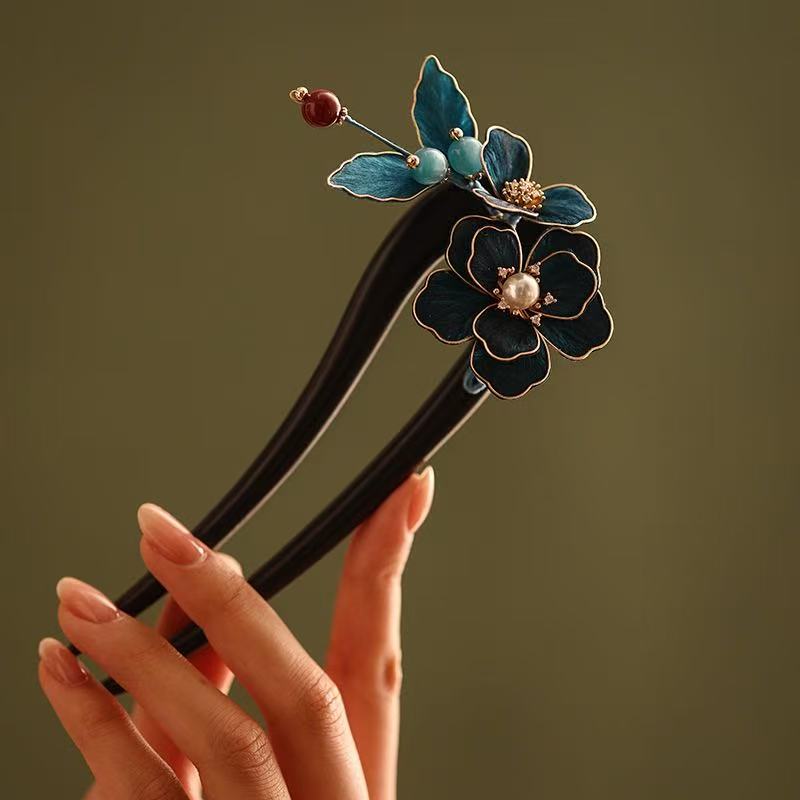 蚕丝绒花檀木U型发簪子女古风高级感发钗国风发簪新中式汉服发饰