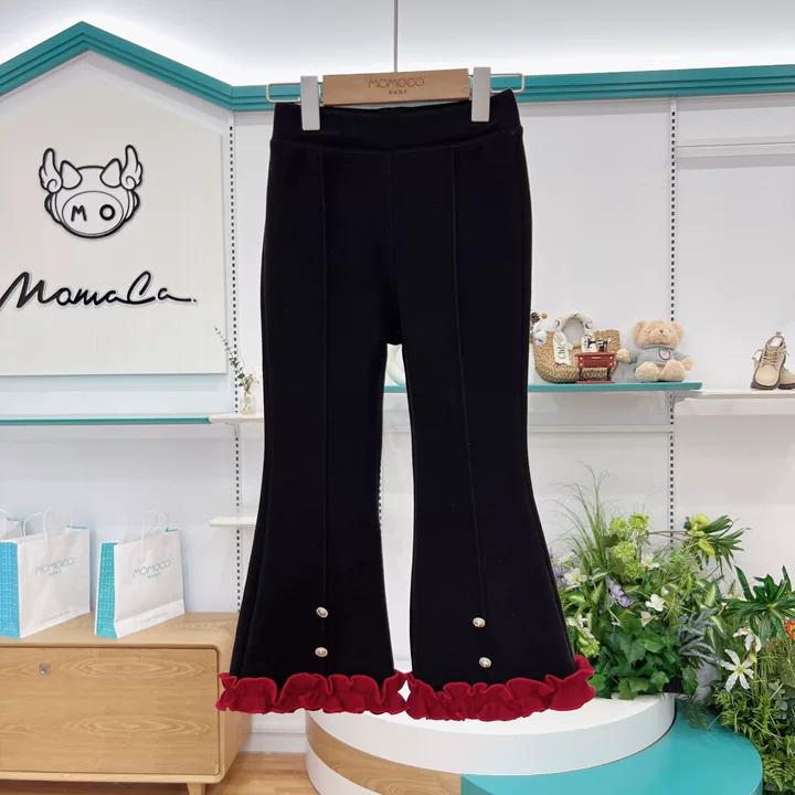 MOMOCO女童冬款新款百搭洋气黑色花边微喇裤加绒裤子