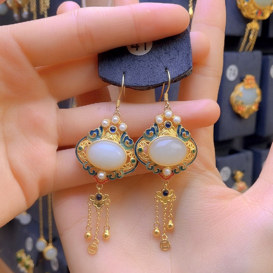 和田玉耳饰银S925镀金镶嵌