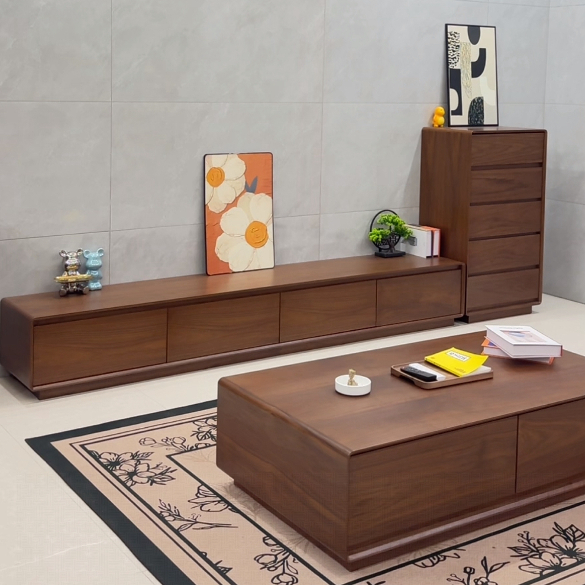 实木落地电视柜茶几组合胡桃木色客厅家具小户型简约中古风地柜
