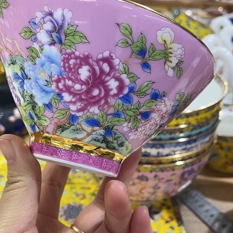 珐琅景德镇陶瓷5寸斗笠粉红六个