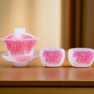 【臻品】粉色牡丹琉璃一盖碗二杯- 2532