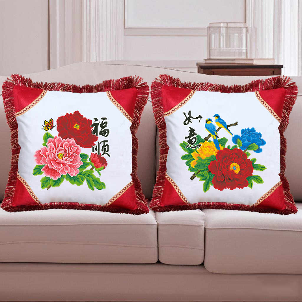 新款十字绣抱枕枕套福顺如意牡丹绒布客厅沙发靠垫简单线秀自己绣