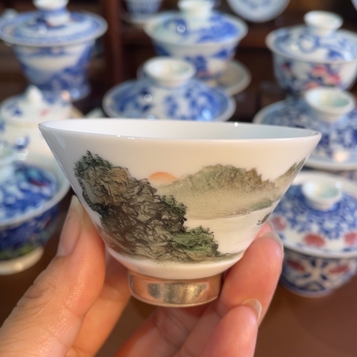 手工手绘小小写意山水斗笠杯