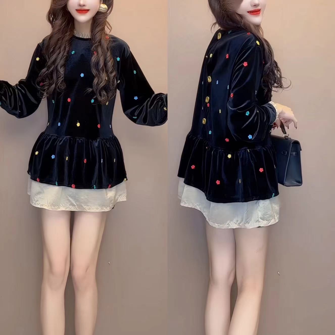 秋季原宿风套头法式荷叶边拼接后开扣大衫