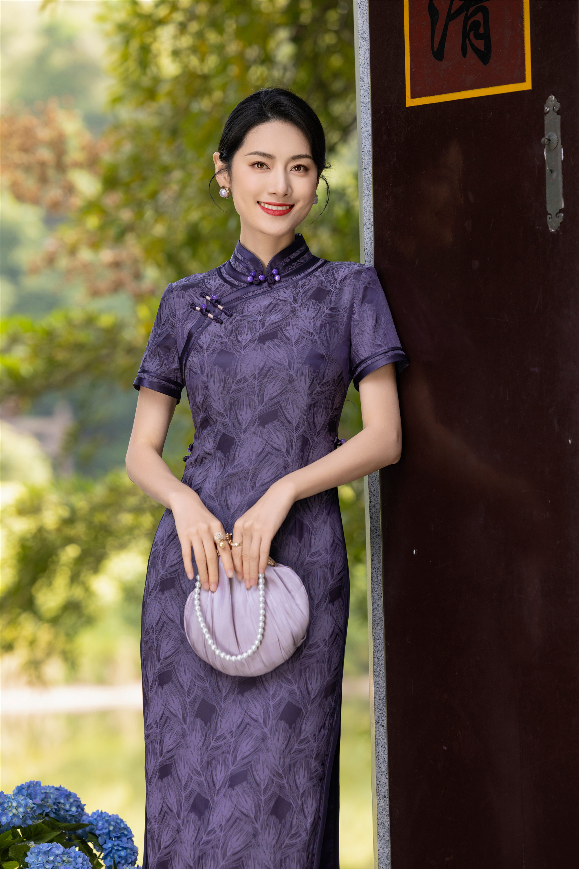 江楠精选【紫色韵味】复古日常长旗袍印花旗袍紫色时尚