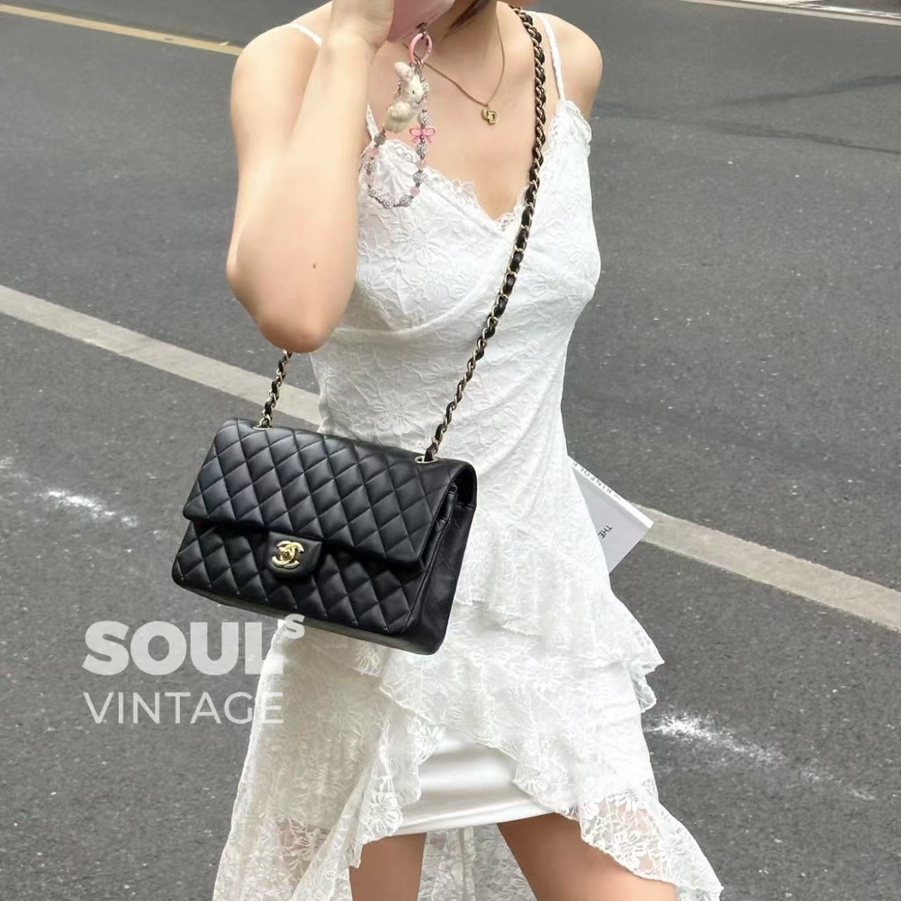 95新 Chanel/香奈儿 黑金 羊皮 经典cf中号单肩包/669358153