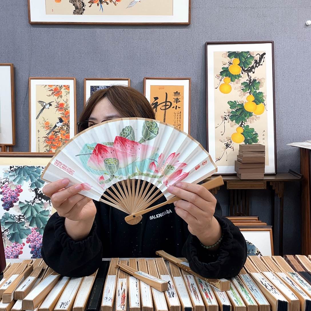 国画6寸玉竹-纯手绘-文玩扇骨（默认粘好）