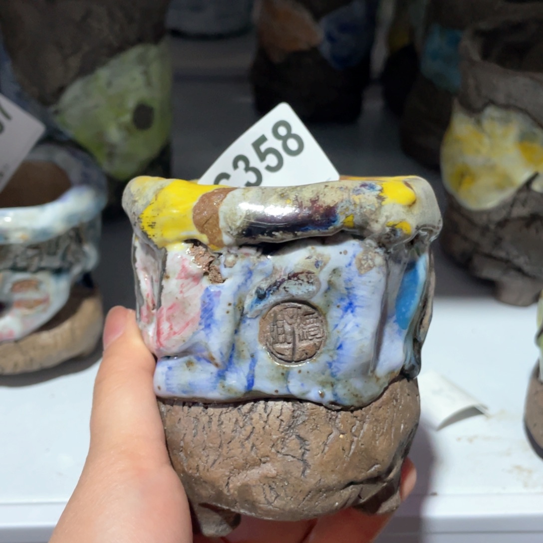 紫砂花盆孤品不规则  油画山石老桩内口6