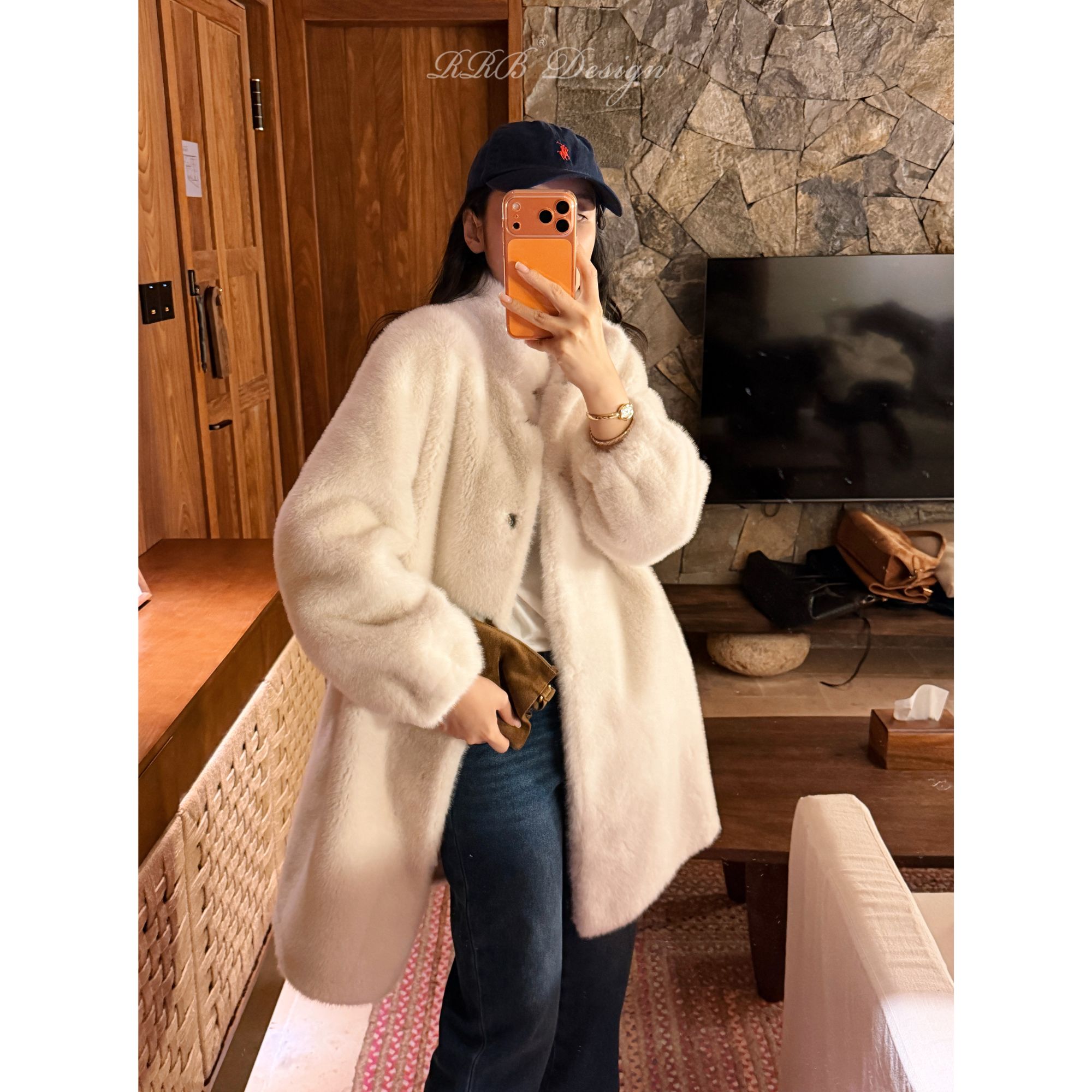 RRB Design 宽松立领单排扣长袖环保毛茸茸休闲中长款外套